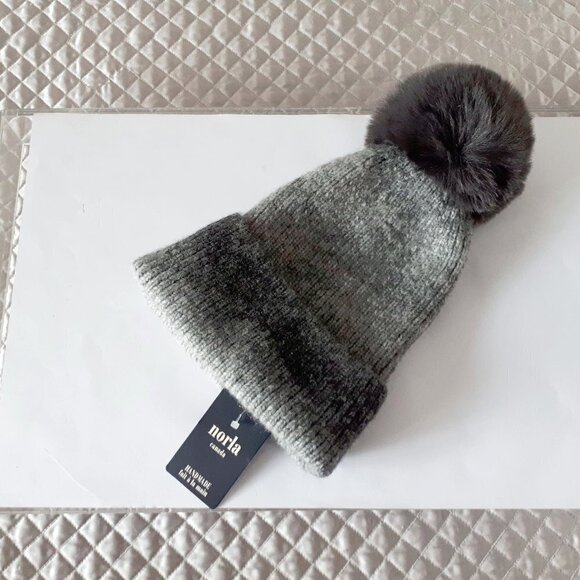 NWT Norla ombre grey knit faux fur pom pom beanie - Picture 2 of 3